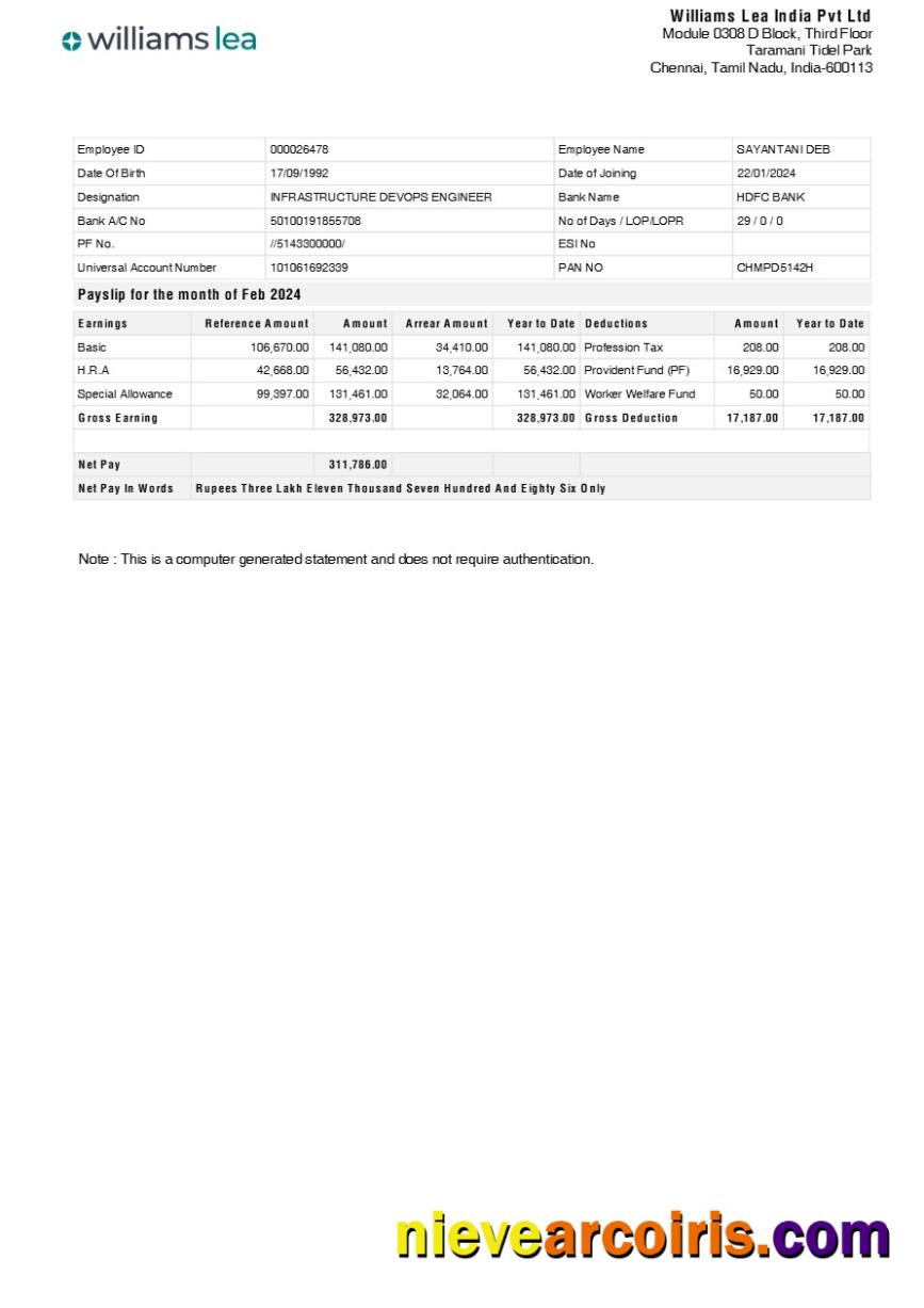 Williams Lea India corporate office payslip